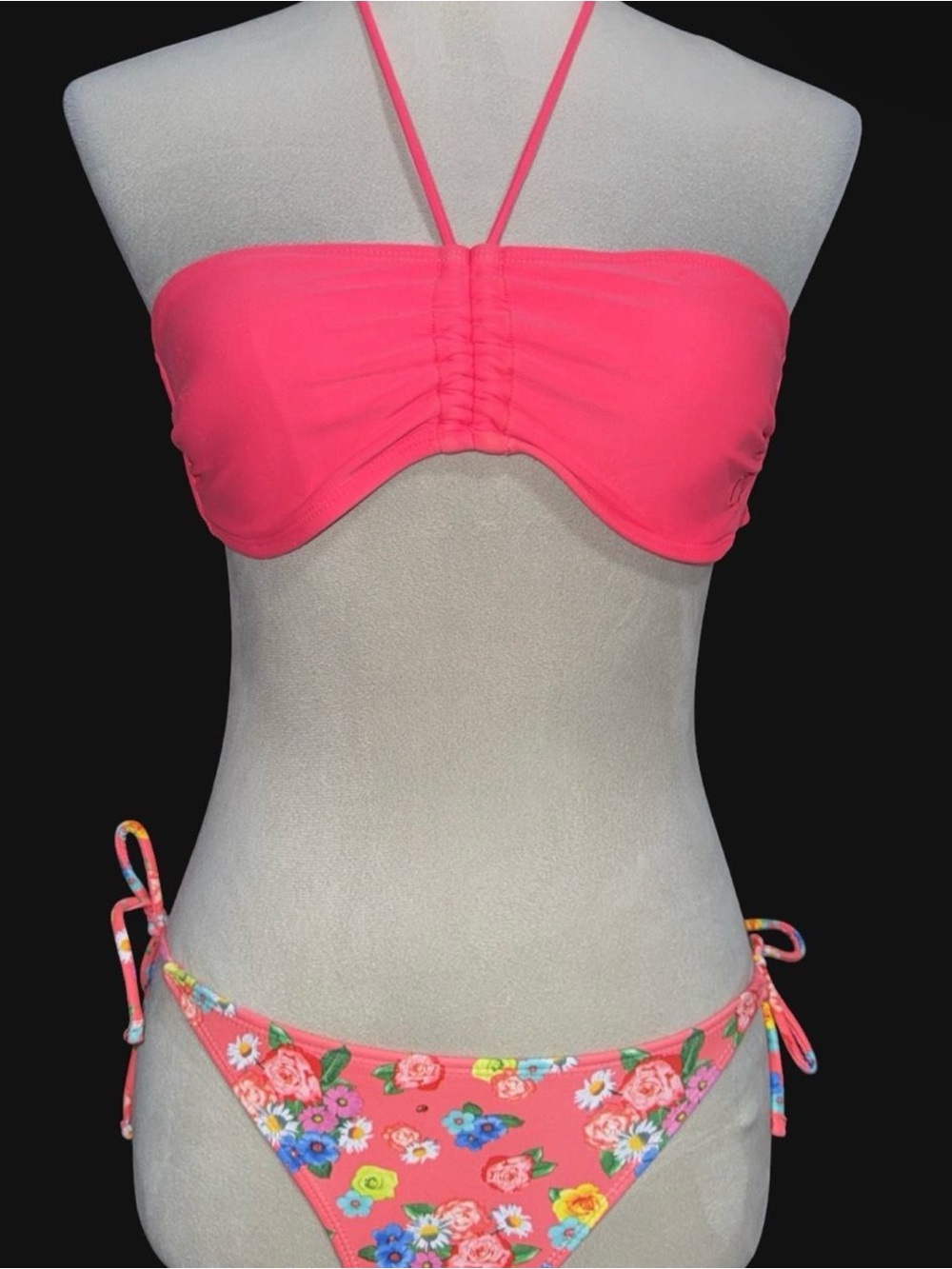 OP Hot Pink Bandeau Bikini with Floral Tie-Side Bottoms